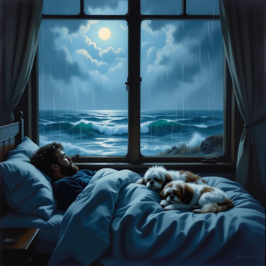 Man Watches Stormy Ocean Rain With Dogs in Bed