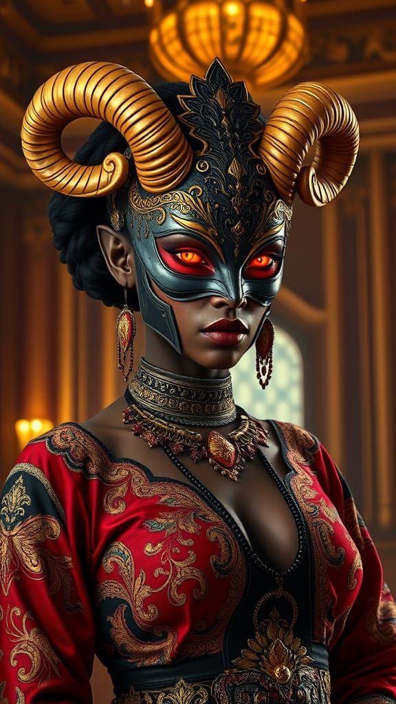 Nigerian Queen Portrait in Tribal Dress with Golden Horns