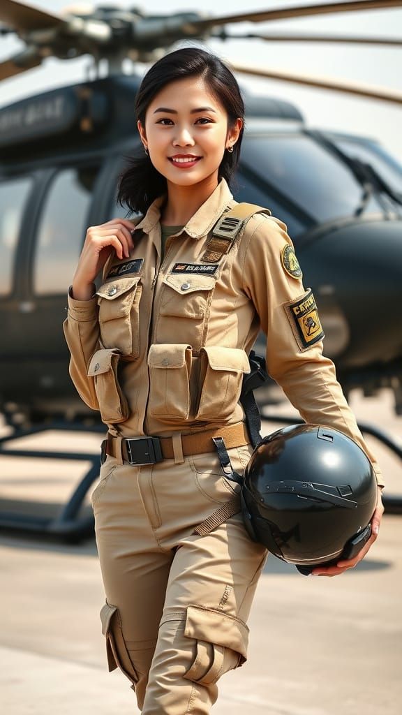 Confident East Asian Flight Suit Model in Modern Military Ae...