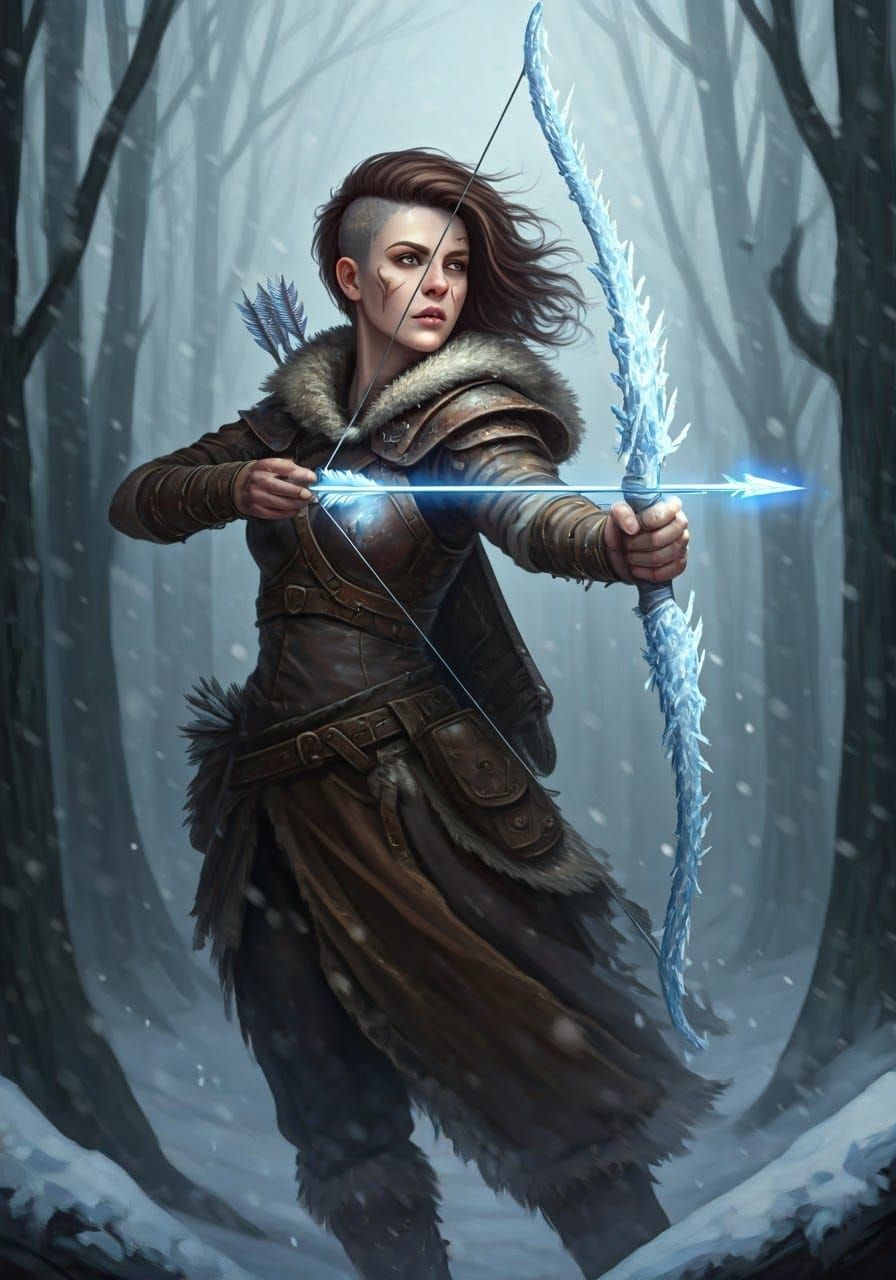 Ethereal Huntress Draws Ice Bow in Misty Forest