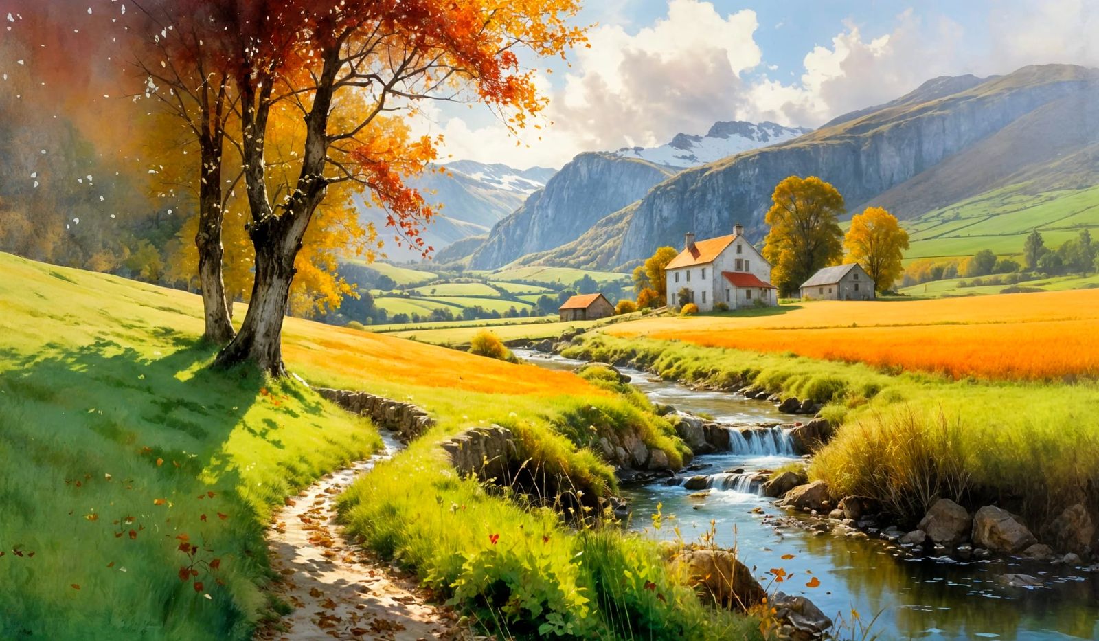 Watercolor Farmhouse with Autumn Hills