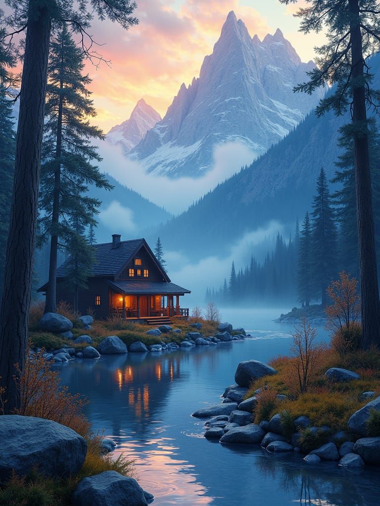 Watercolor Cabin in Woods with Mountains