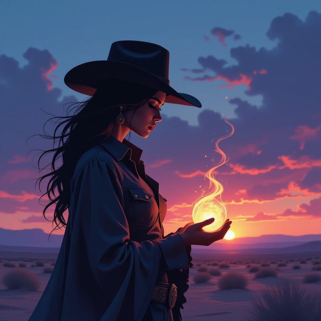 Lone Cowgirl Silhouette with Glowing Artifact at Twilight