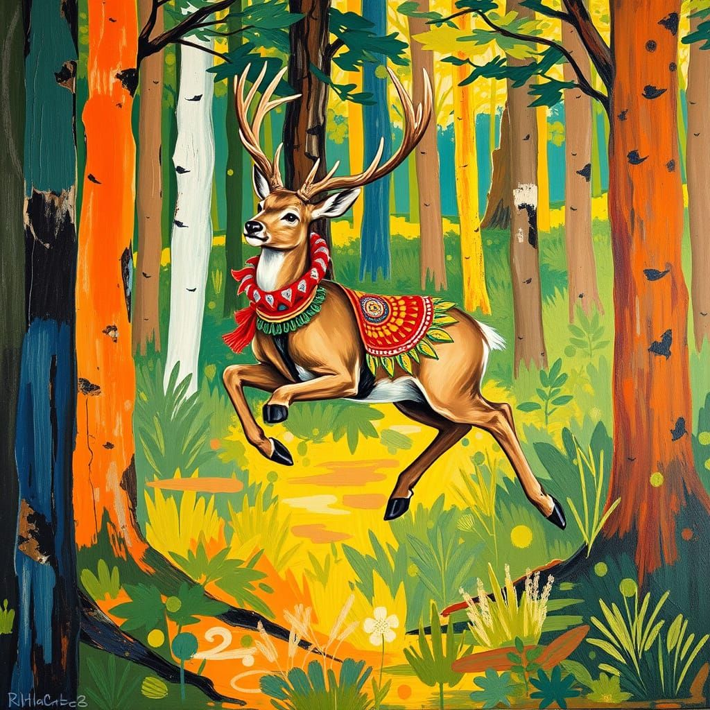 Vibrant Deer Leaps through Neo-Impressionist Forest