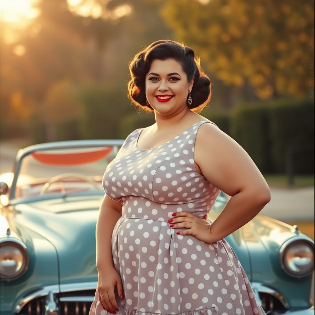 Radiant Woman in 1950s Dress by Vintage Car