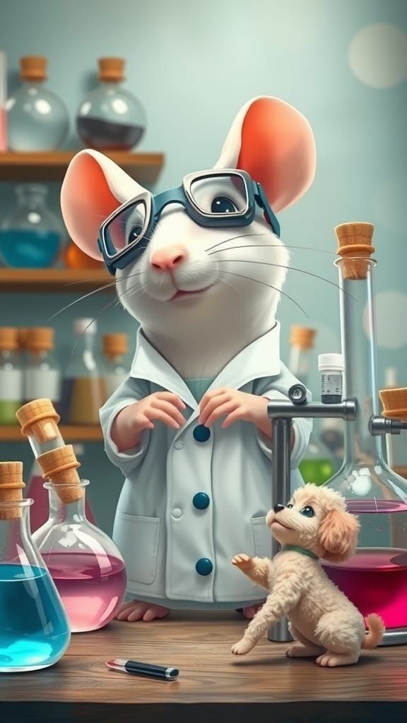 Rat in Lab Coat Plays with Toy Poodle, Miyazaki-esque
