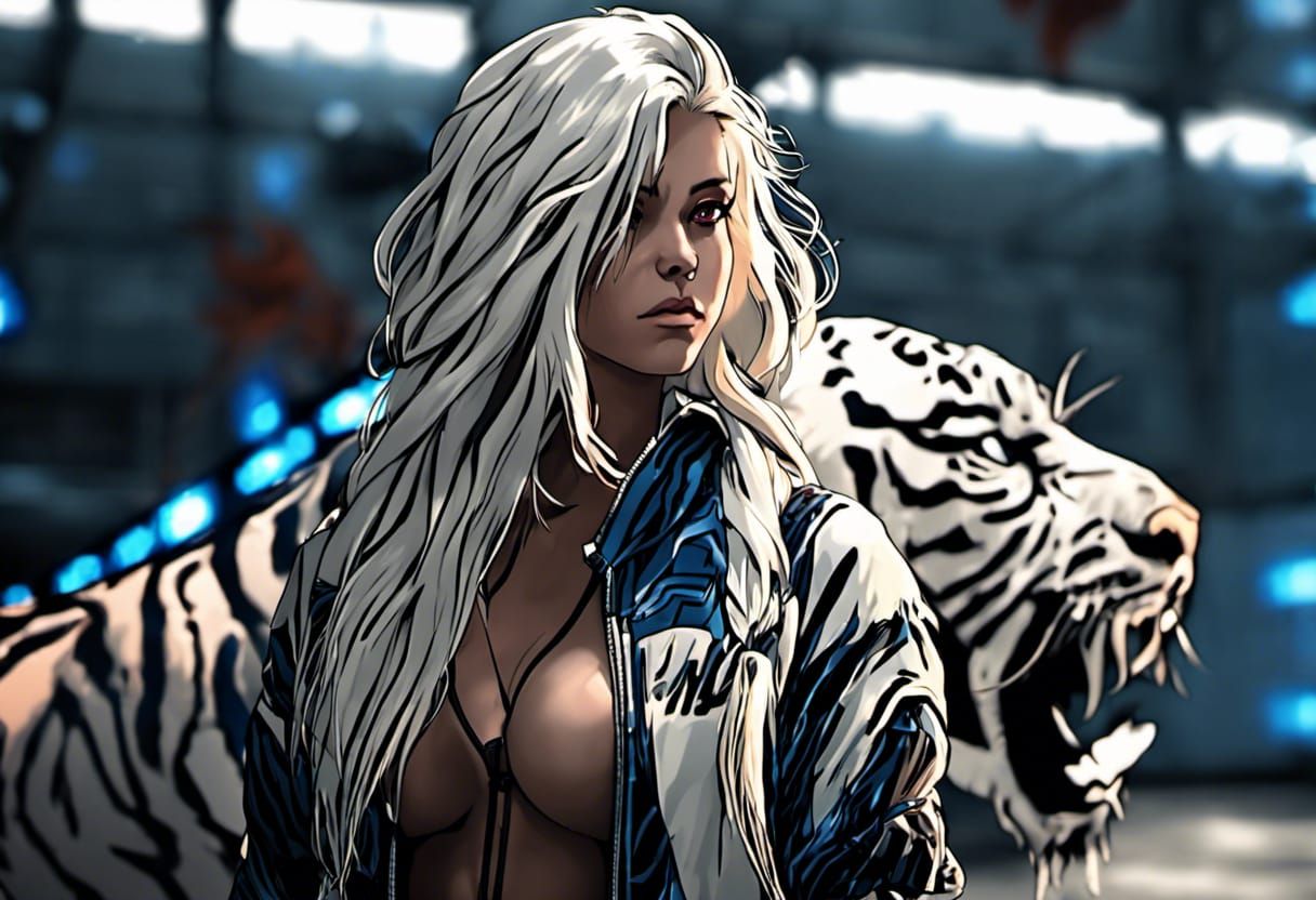 Anime Woman with Tiger in Hangar