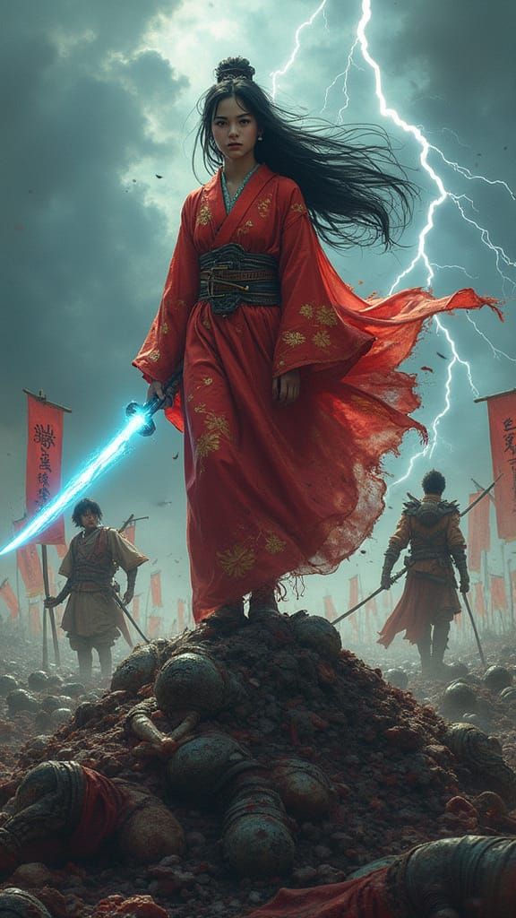 Fantasy Princess Defies Fate Amid Stormy Battlefield