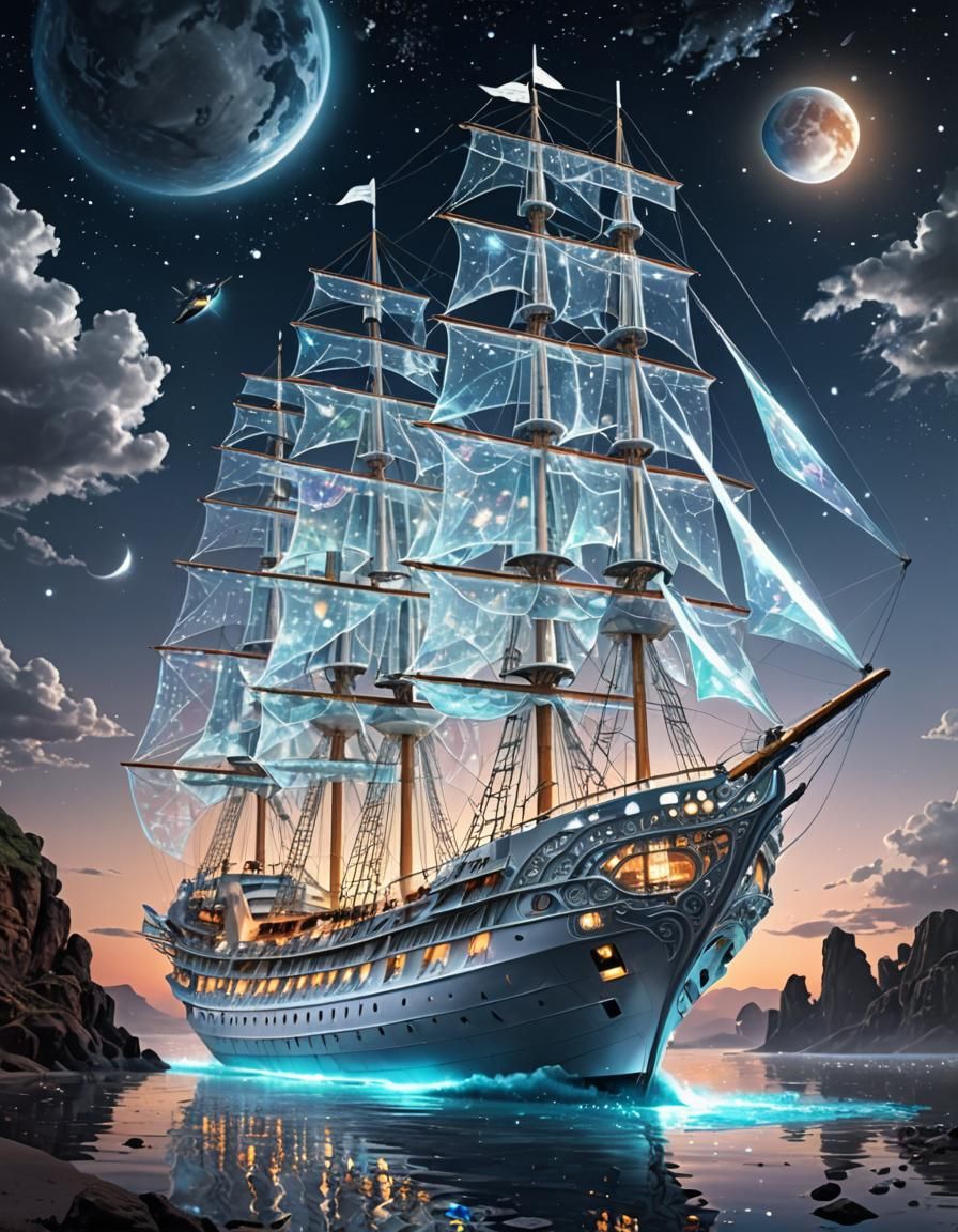 Futuristic Iridescent Ship with Transparent Sails