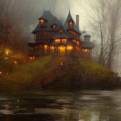 Castle on Treehouse by Lake: Detailed Oil Painting