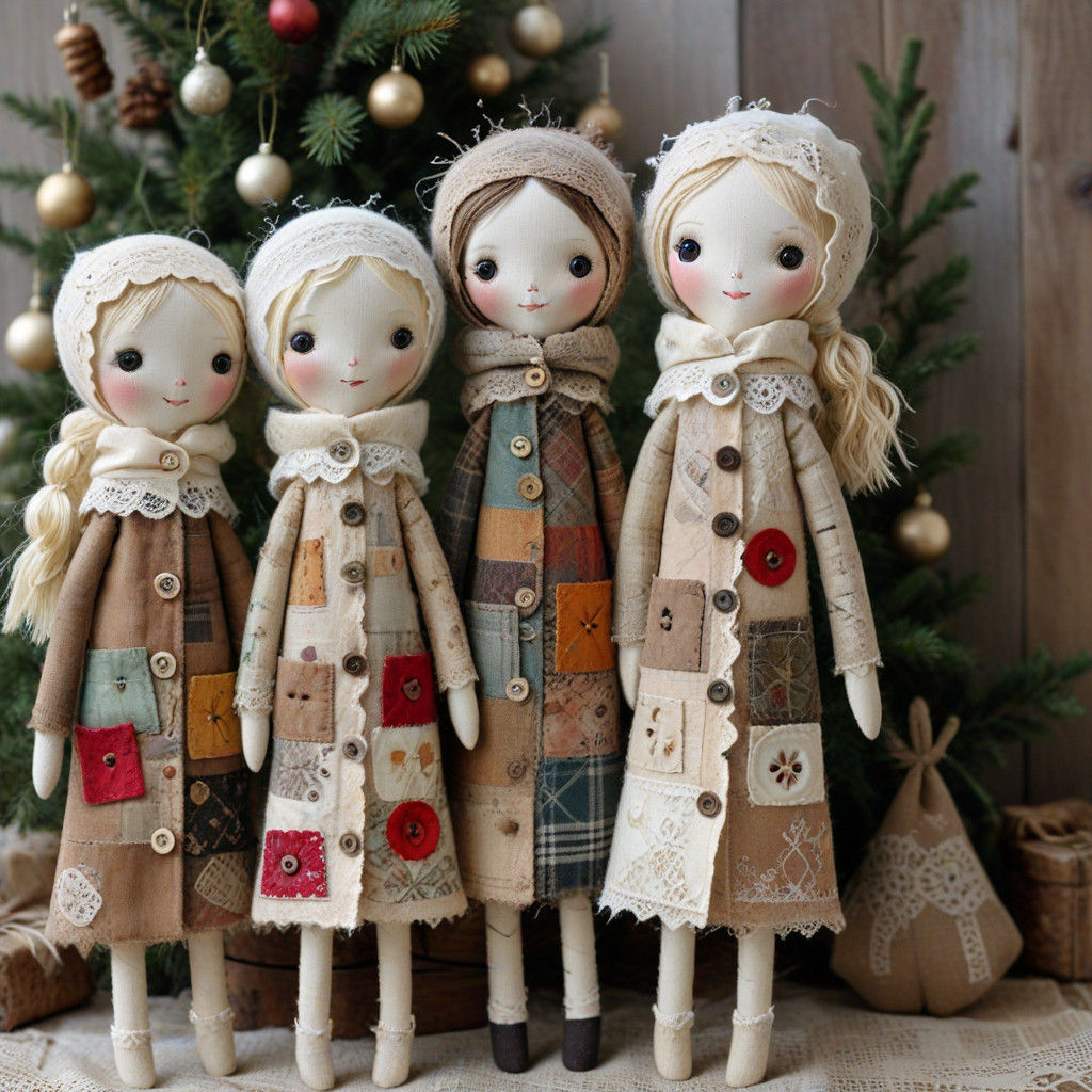 Handmade Patchwork Dolls in a Winter Wonderland Scene