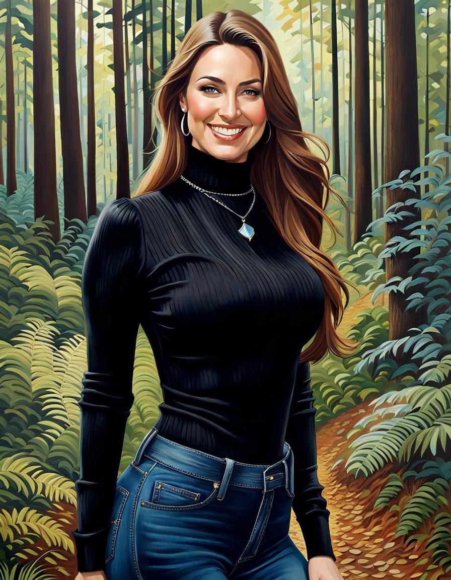 Elegant Woman Smiling in Lush Forest Portrait