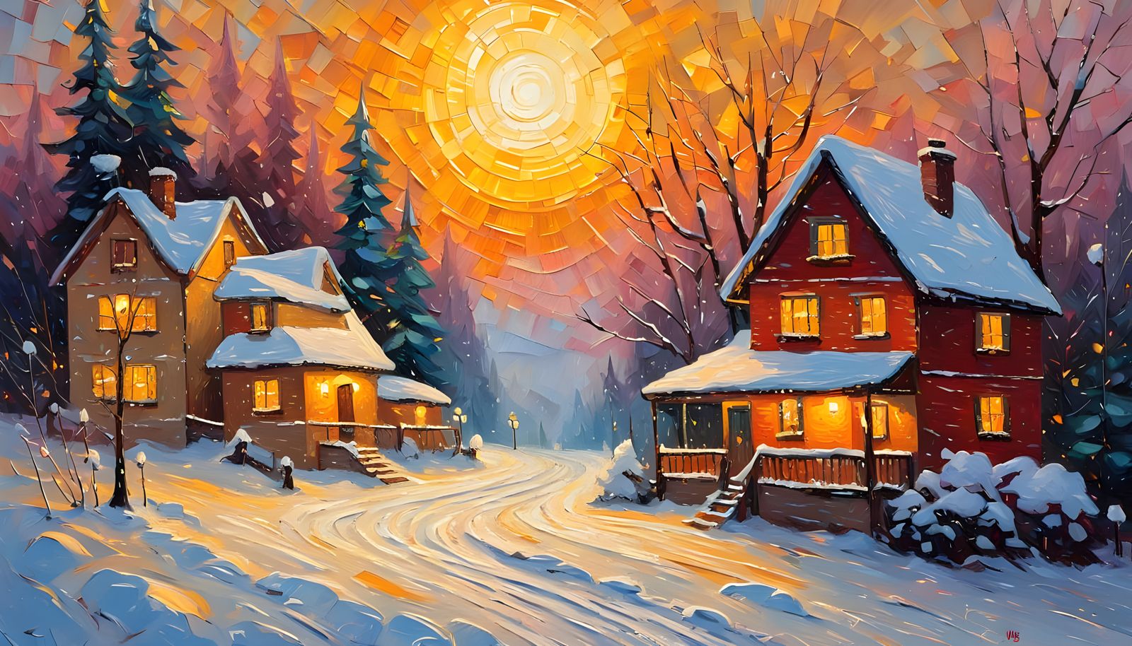 Magical Christmas Morning Snow Scene Oil Painting