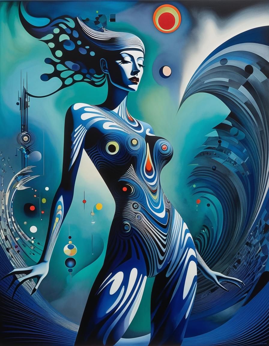 Cyborg Woman in Abstract Geometric Ink Wash