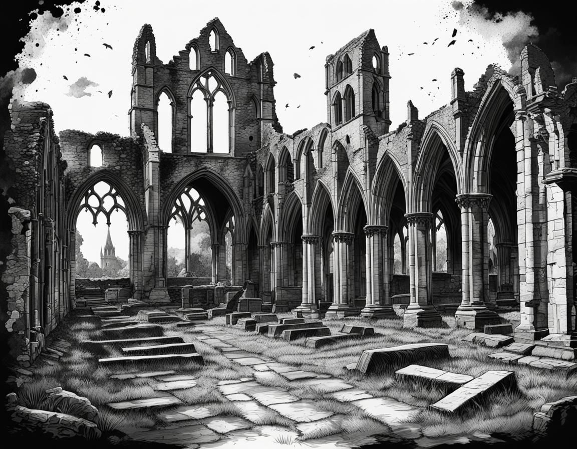 Detailed Ink Drawing of Abbey Ruins