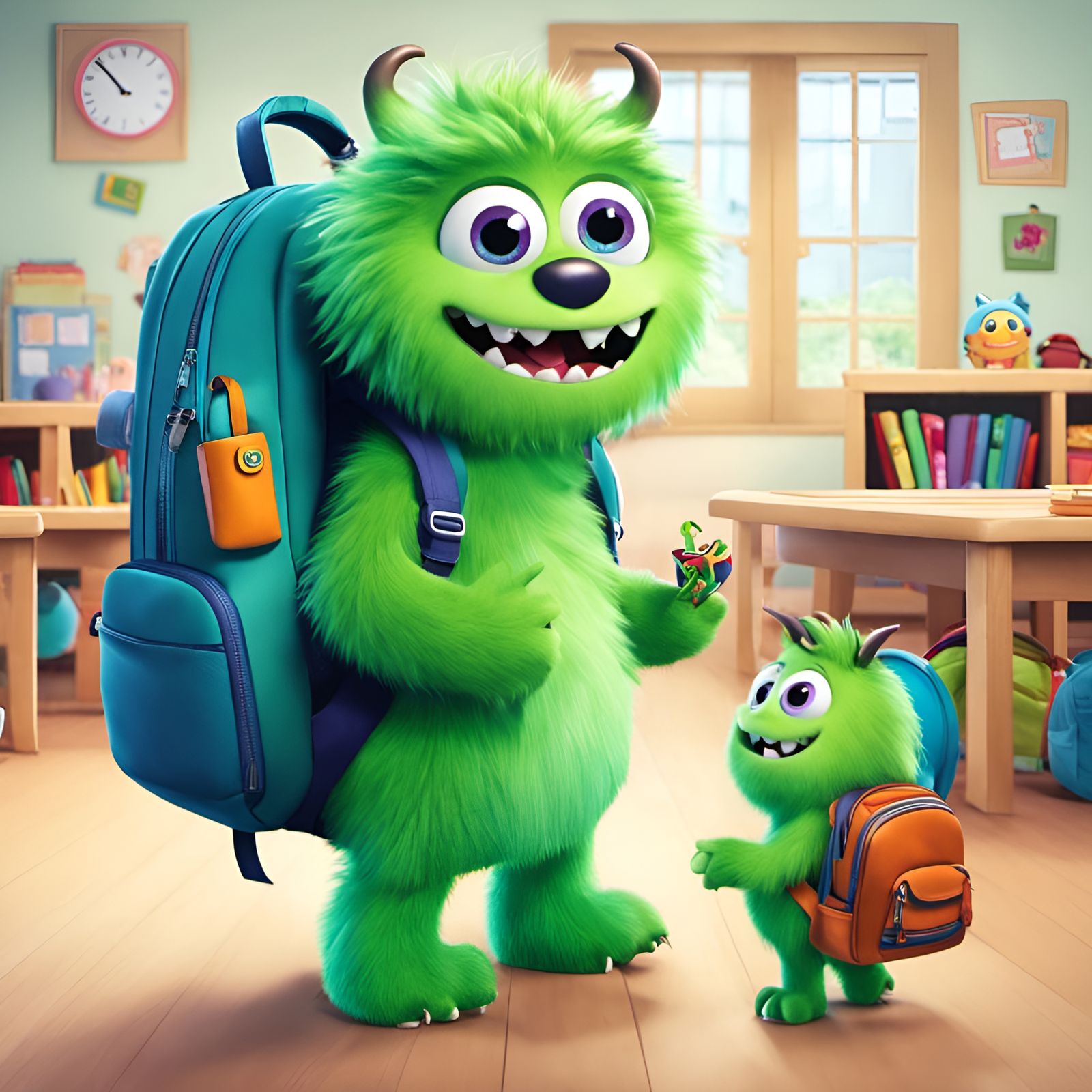 Cute Green Monster's First Day: 3D Digital Art