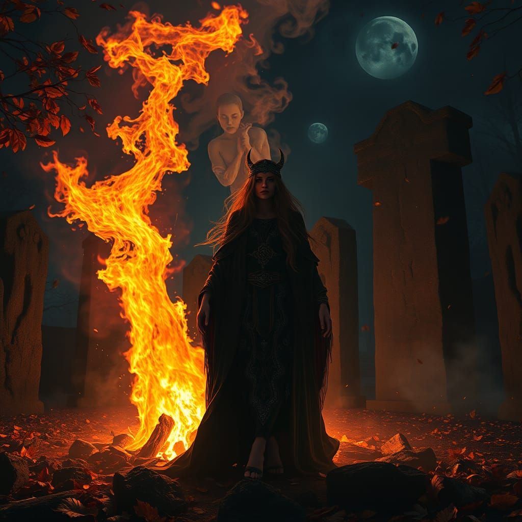 Celtic Priestess and Samhain Bonfire, Dark Fantasy Art