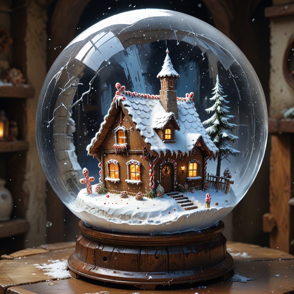 Whimsical Gingerbread House in Enchanting Snow Globe Scene