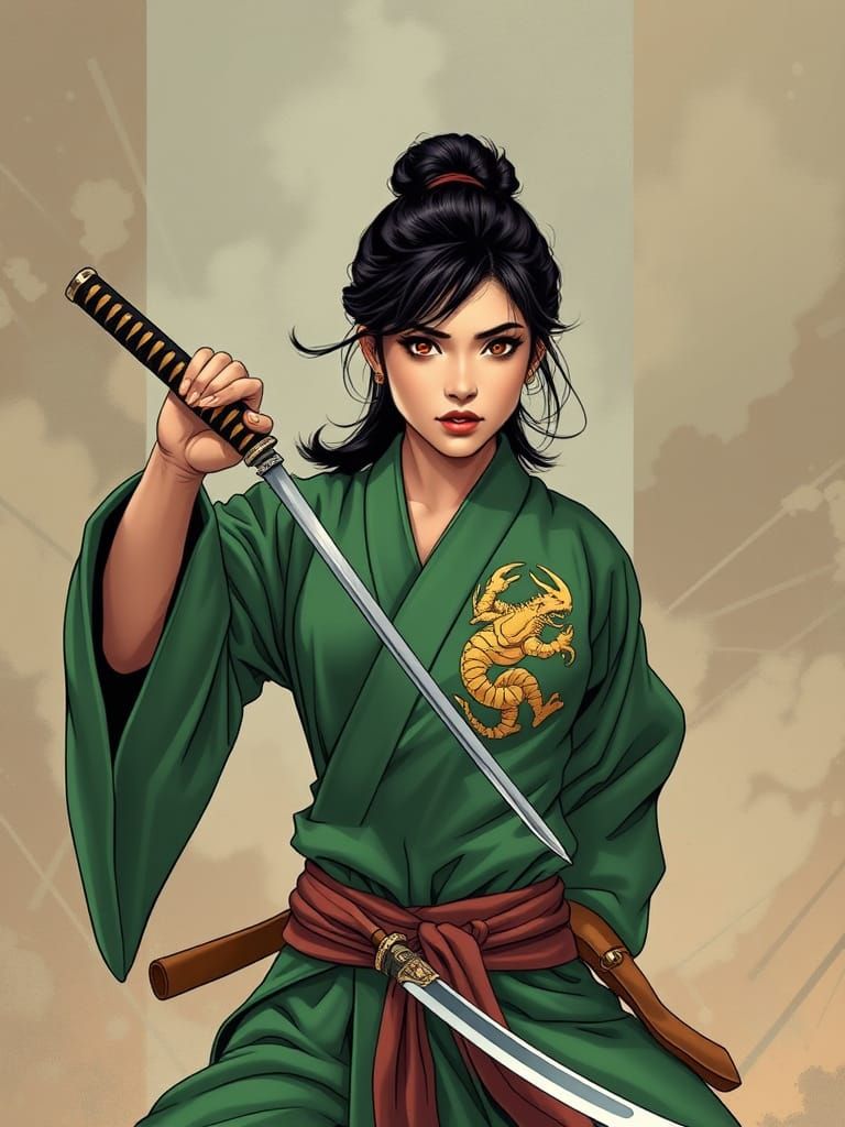 Heroic Samurai in Elegant Green Kimono, Gold Dragon and Crab...