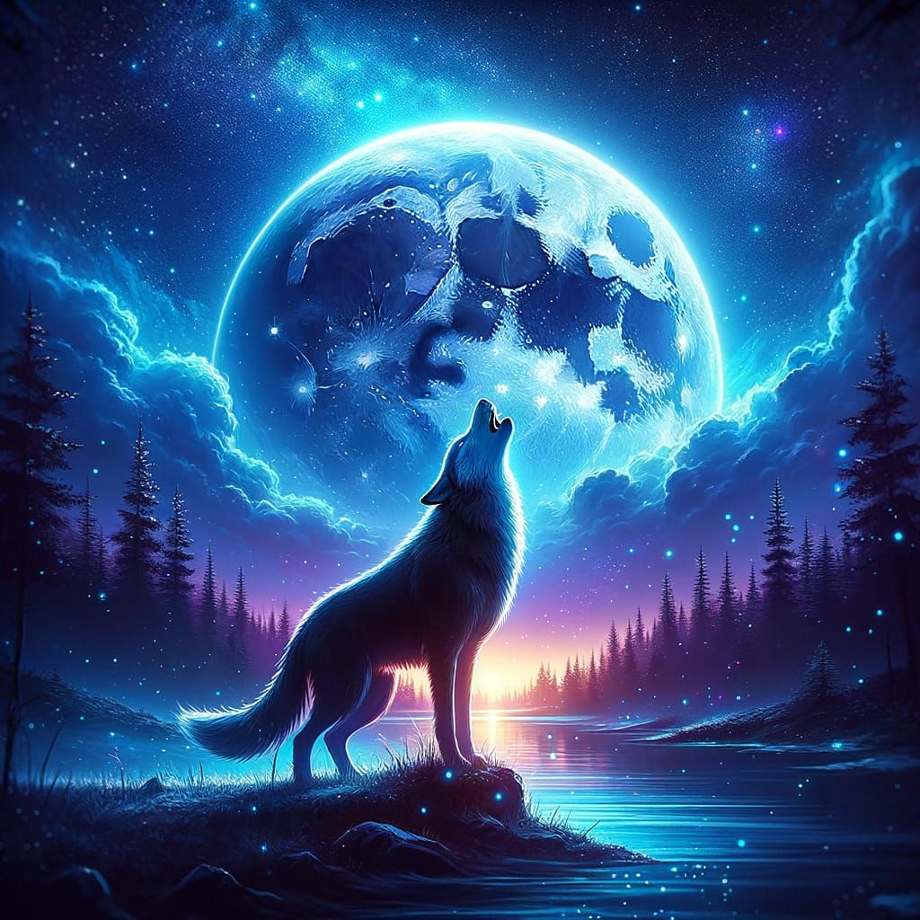 Lone Wolf Howling at Luminous Moon in Vivid Night Sky