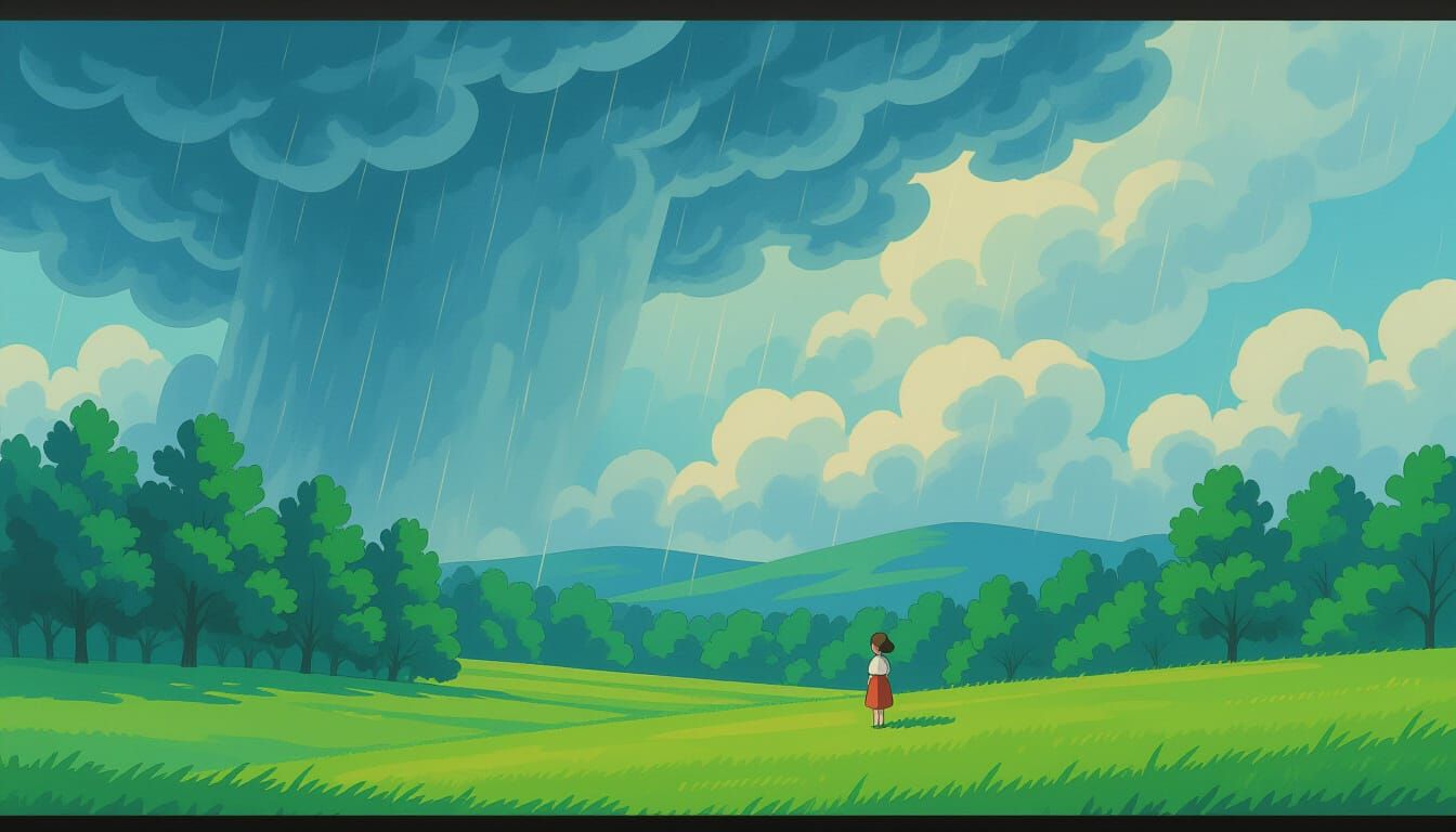 Peaceful Forest Scene with Gentle Rain, Ghibli Style