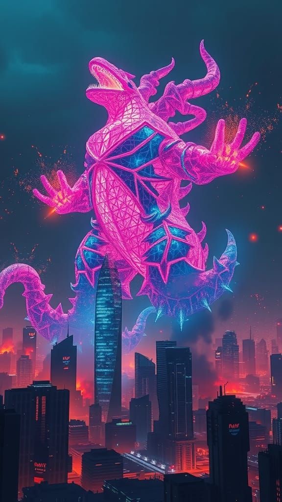 Plasma Kaiju Rages in Cyberpunk City