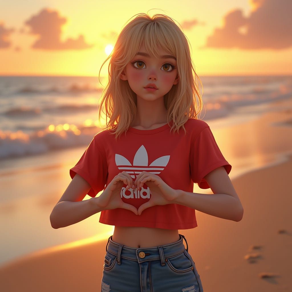Blonde Teen Girl Makes Heart Shape on Sunset Beach in Vibran...