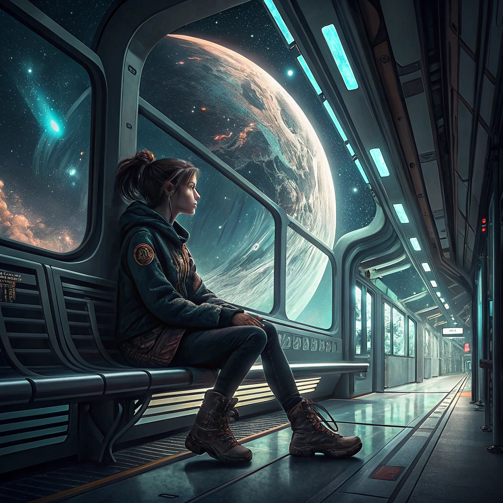 Futuristic Space Train Station Near Supernova