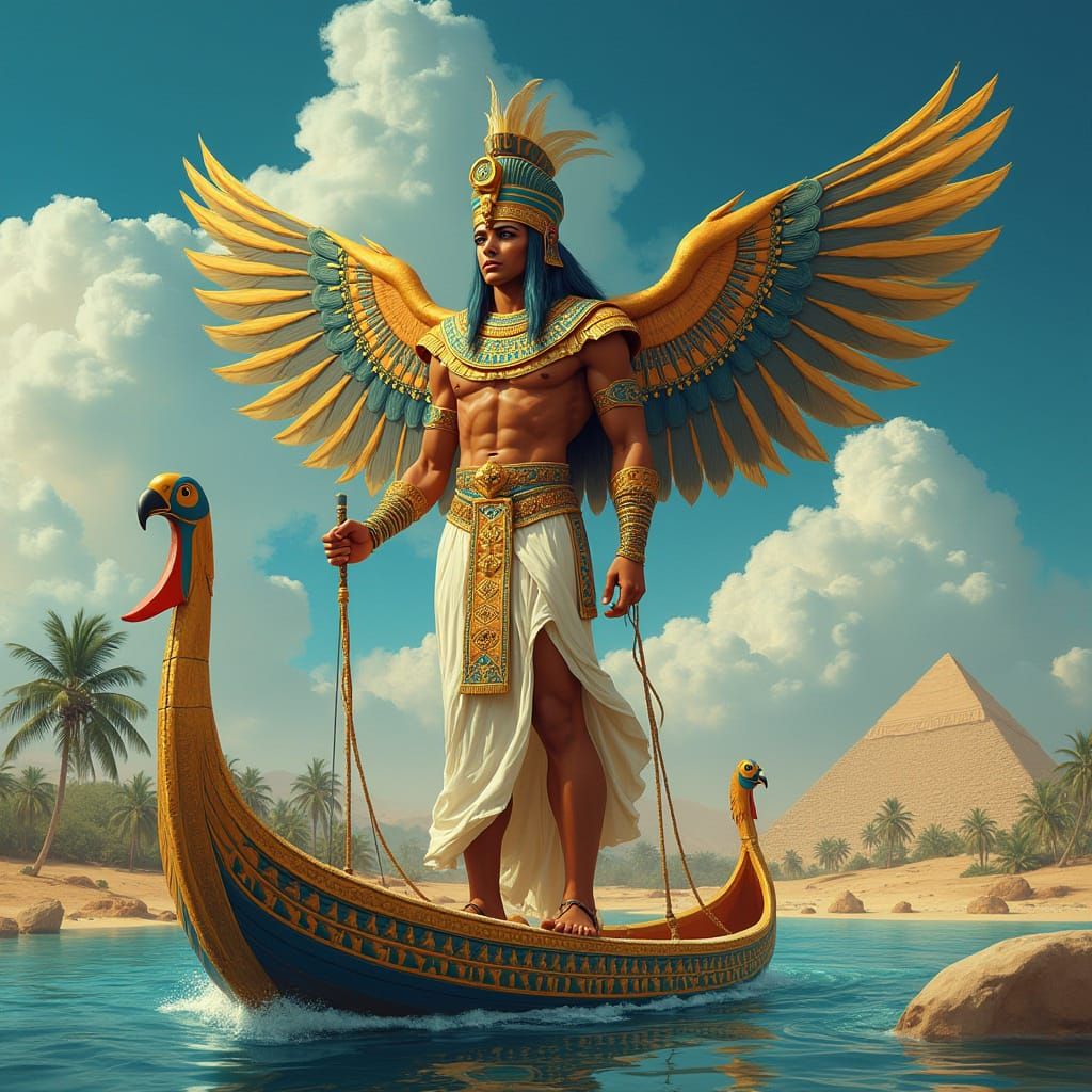 Ancient Egyptian God RA Soars on Solar Barge