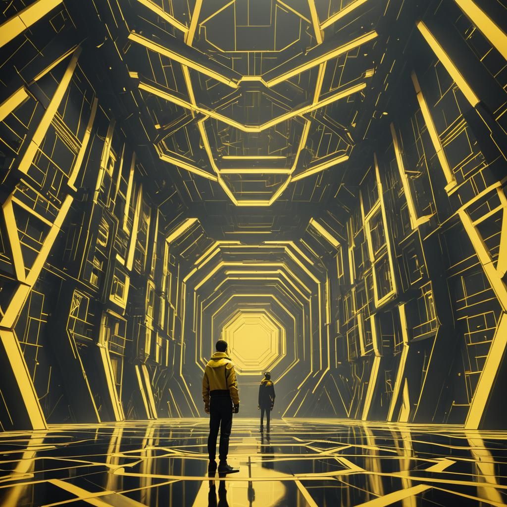 Dramatic Figure in High-Contrast Geometric Room