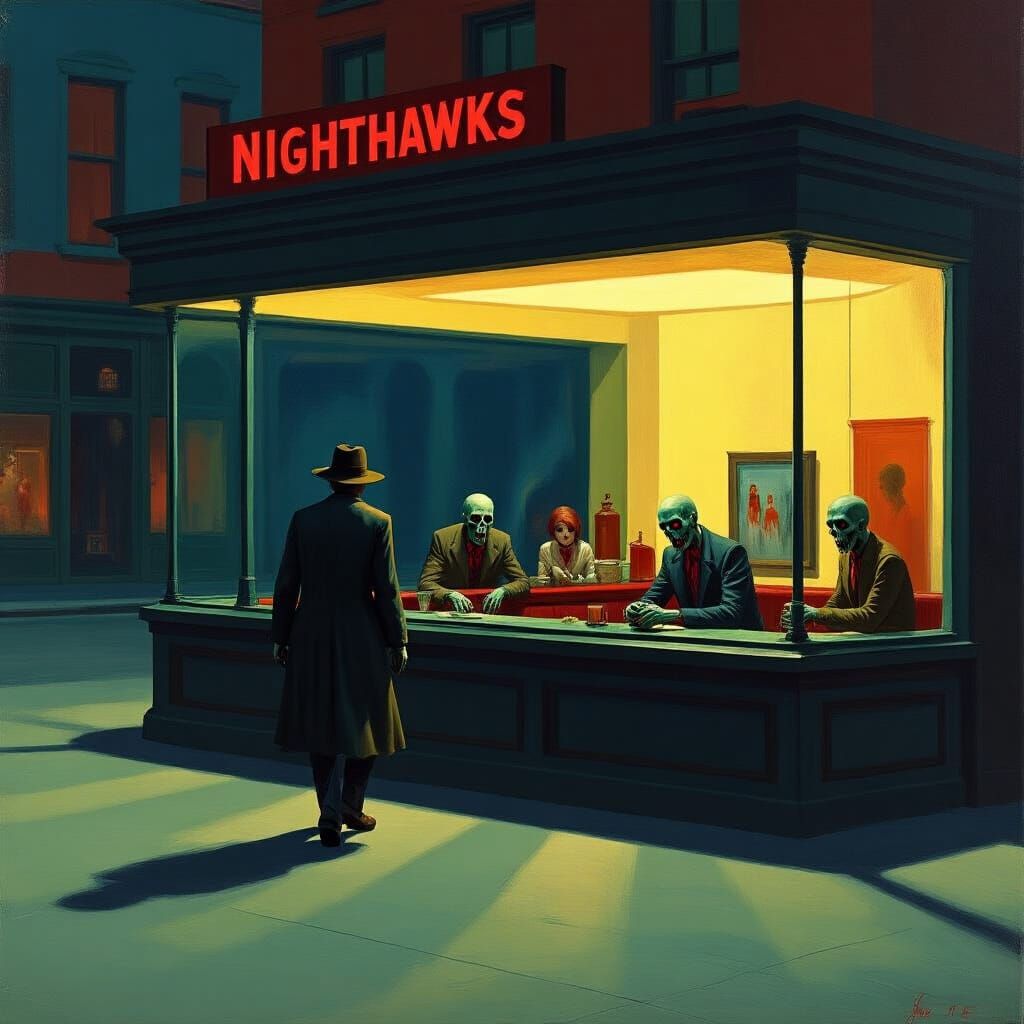 Nighthawks Reimagined with Zombies in Vintage Style