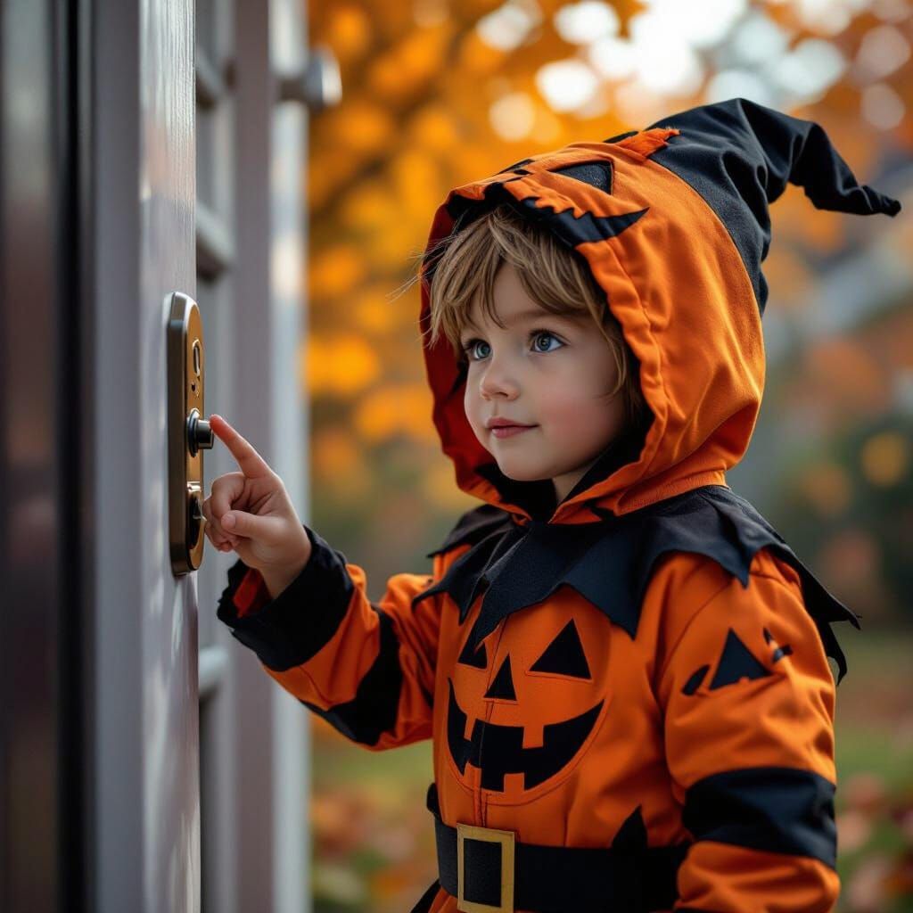 Child in Halloween Costume Ringing Doorbell, Hyperrealistic ...