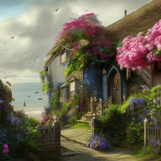 High Gothic Victorian Seaside Village with Flower Garden