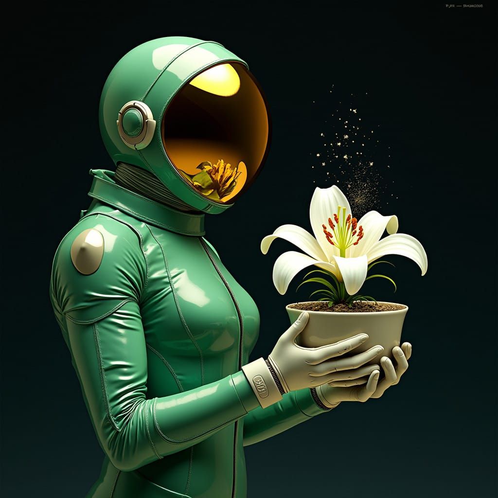 Emerald Astronaut Holds Luminous Lily in Space
