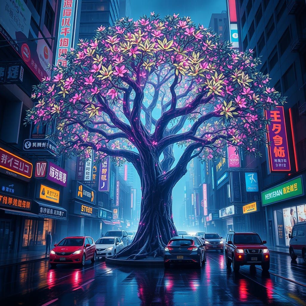 Bioluminescent Tree in Cyberpunk City, Digital Matte Paintin...