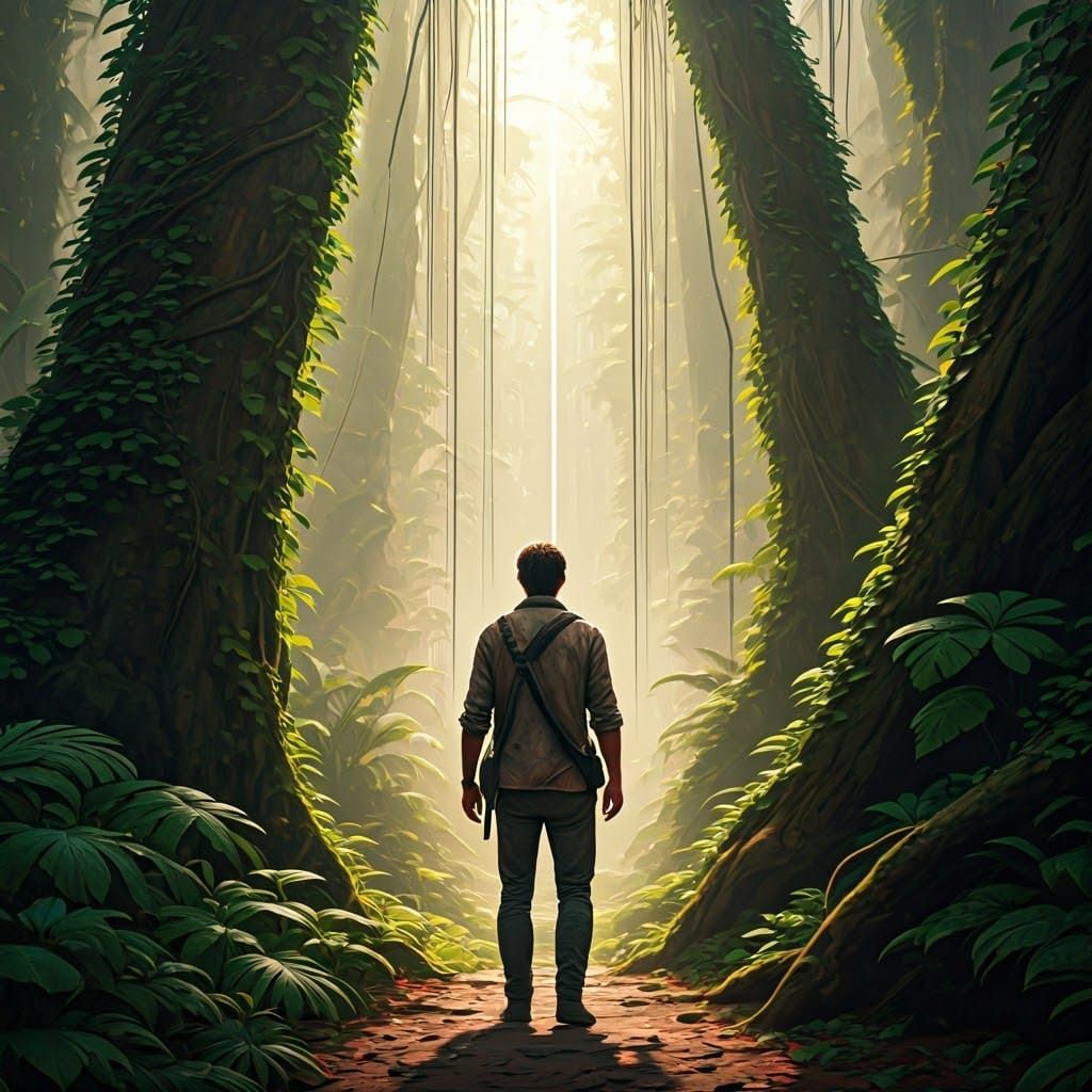 Man Standing Alone in a Forgotten Jungle Realm