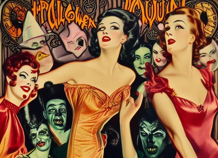 1950s Halloween Dance with Universal Monsters, Art Nouveau S...