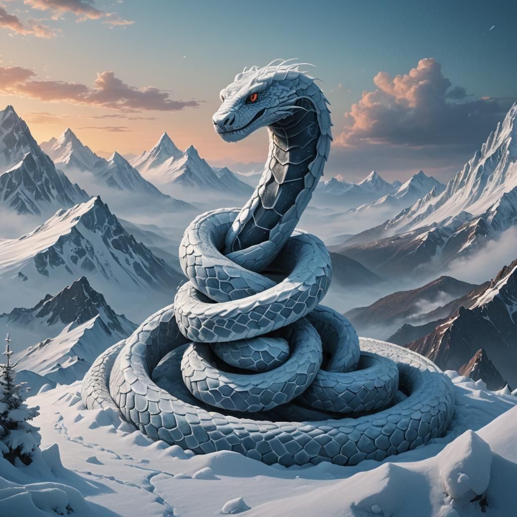 Majestic Snow Snake Coiling on Frozen Peak