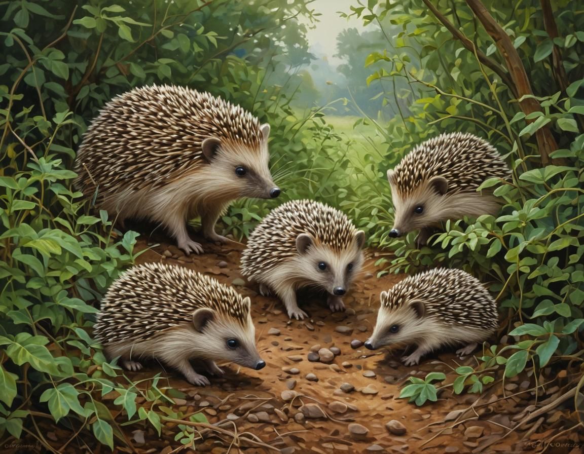 a hedgehog family roams through the bushes, timeless oilpaynting by james gurney