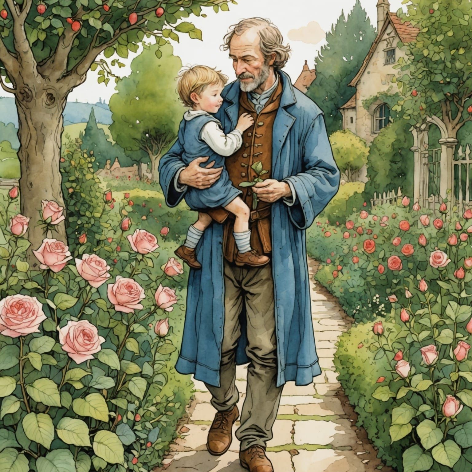 Father and Son in Medieval Rose Garden