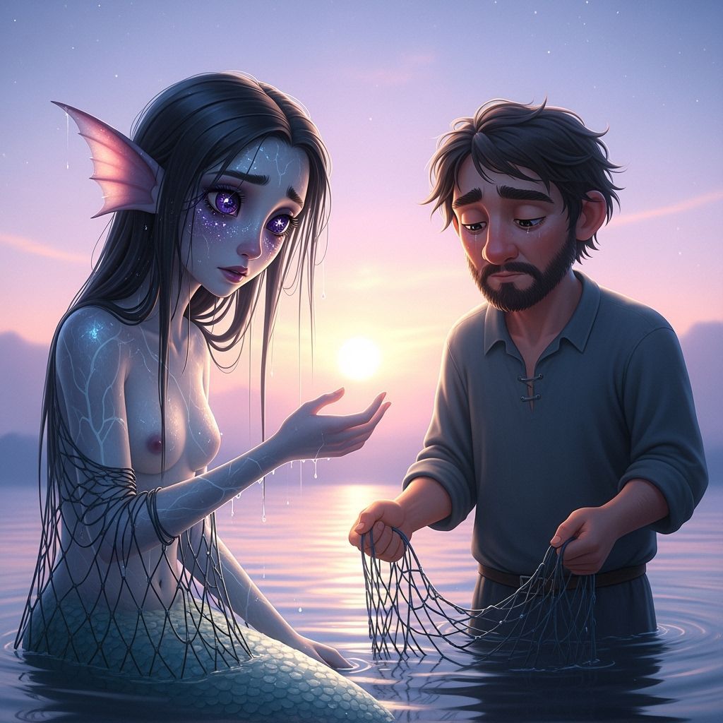 Mermaid Entangled in Net, Magical Realism 3D Render