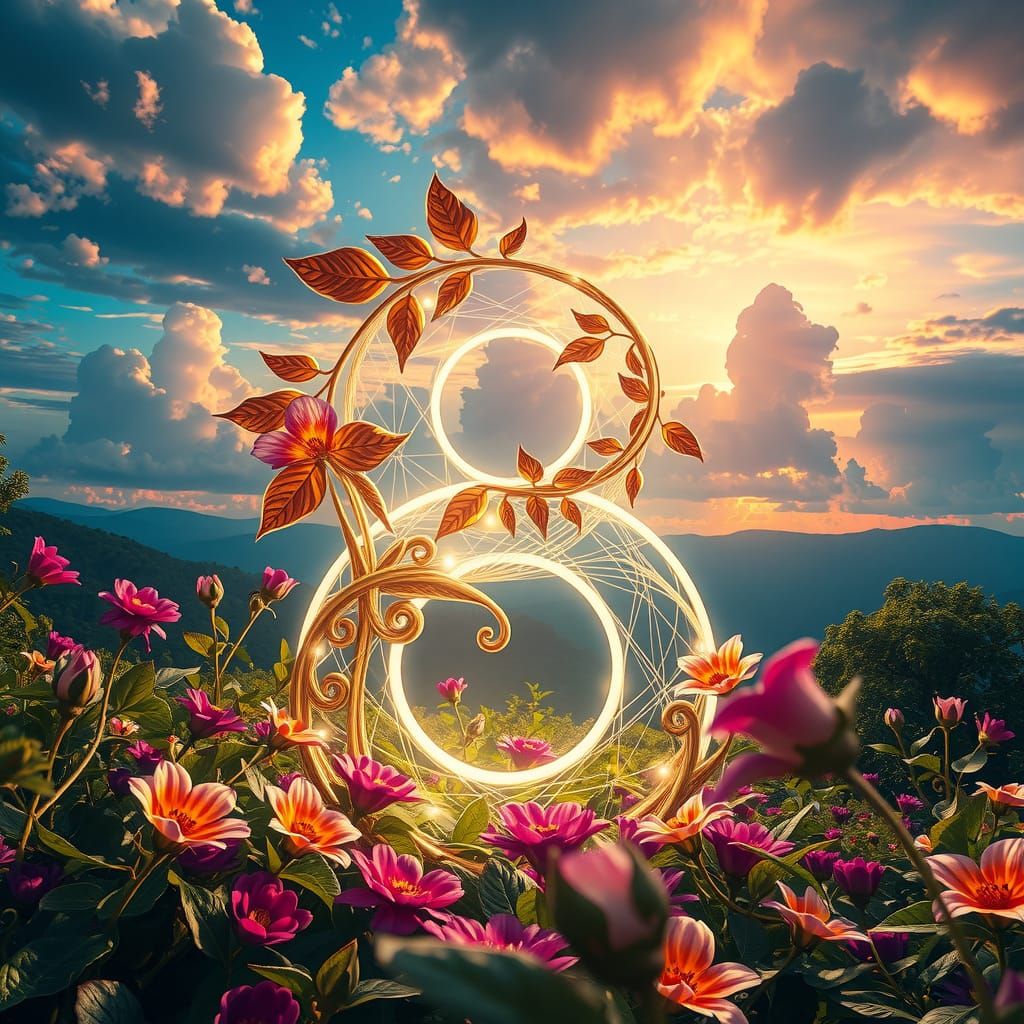 Glowing Number 8 Rises from Vibrant Landscape in Dreamlike S...