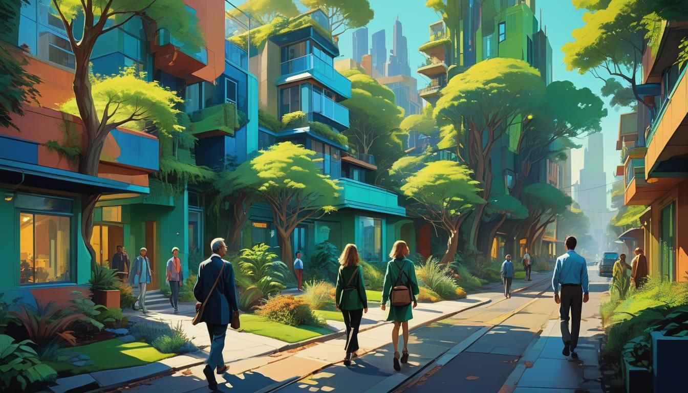 Lush Sustainable Neighbourhood in Vibrant Oil Painting Style