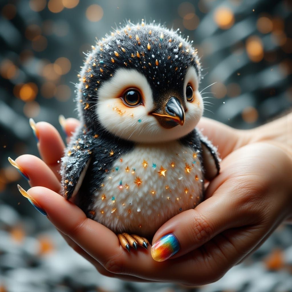 Tiny Penguin in a Woman's Hand, Hyperrealistic Portrait