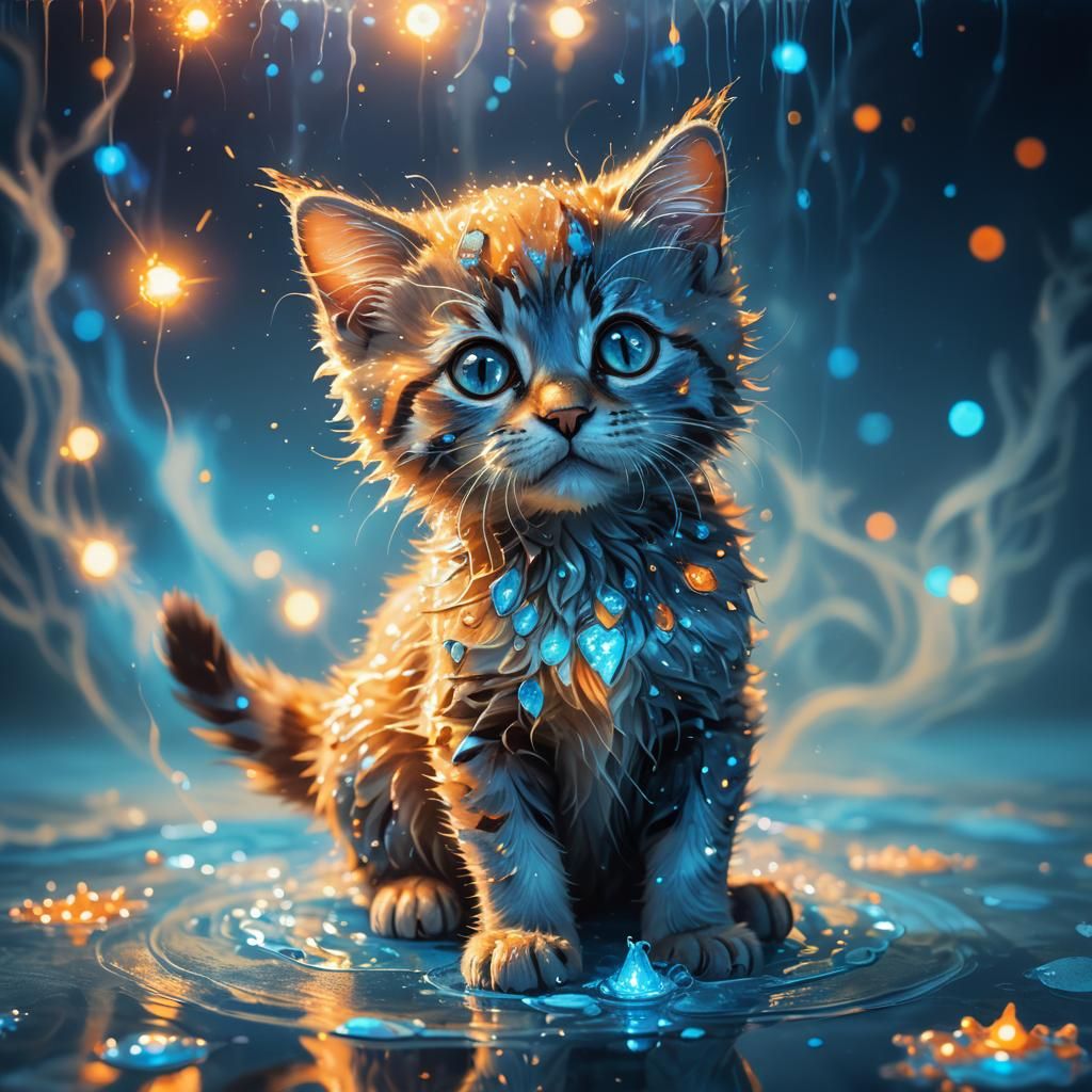 Bioluminescent Spirit Kitten Beside Glowing Puddle