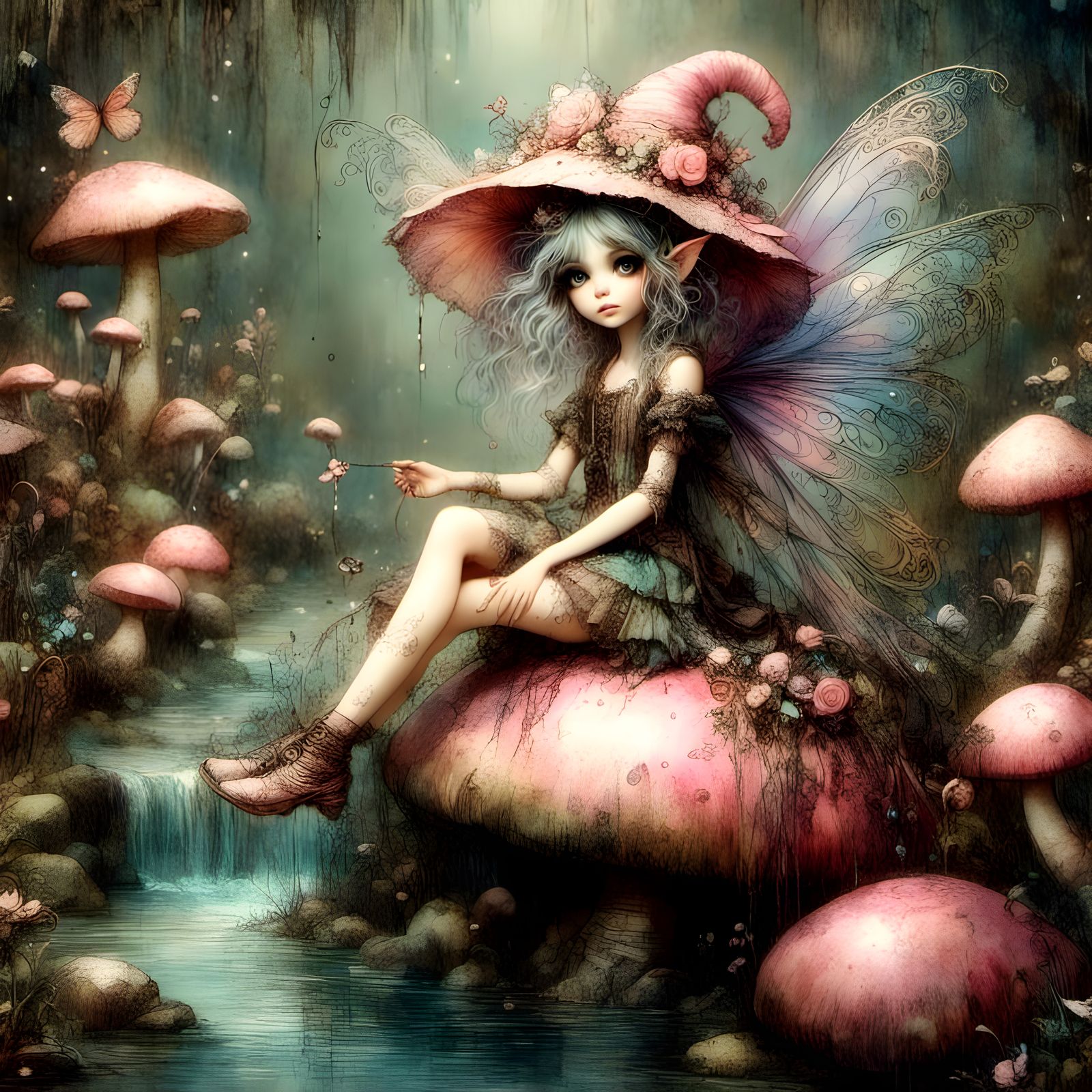 Cute Pixie Sitting Near Babbling Brook as Watercolor