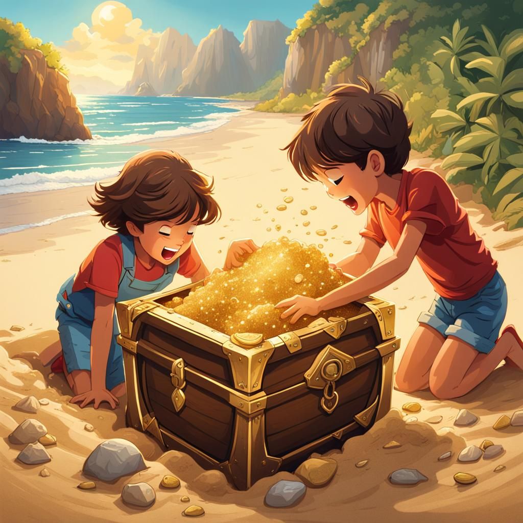 Children Discover Buried Treasure on Sunny Beach