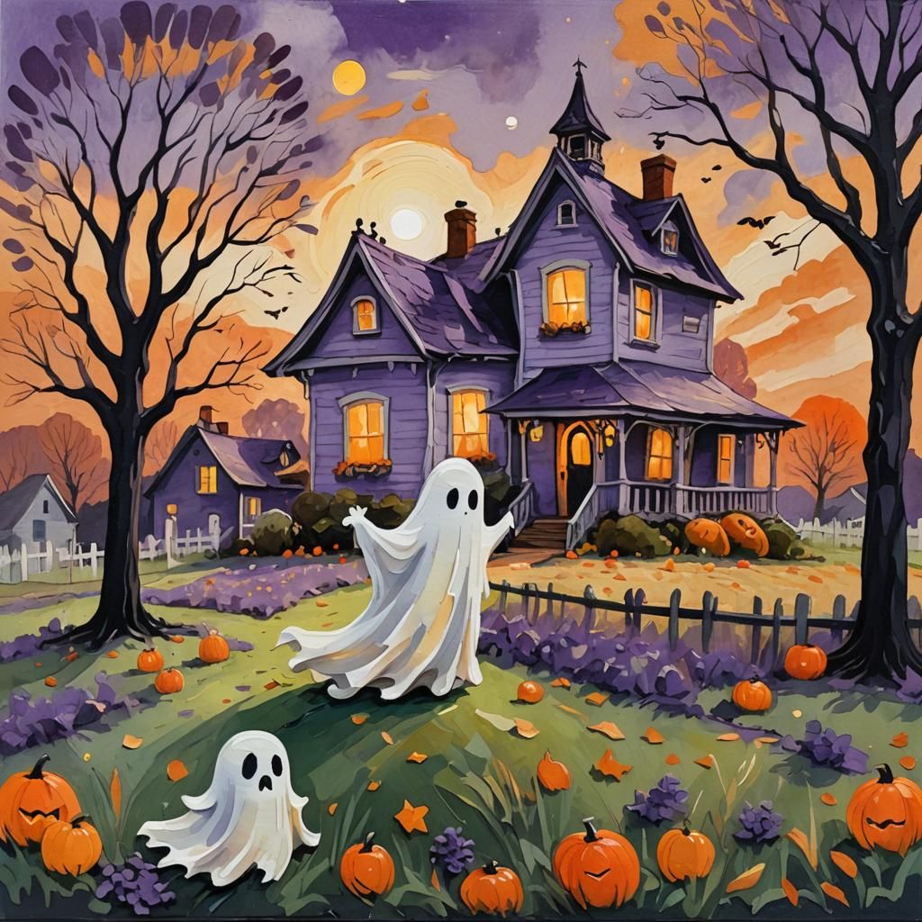 Cute Ghost in Gouache Impasto Style Illustration