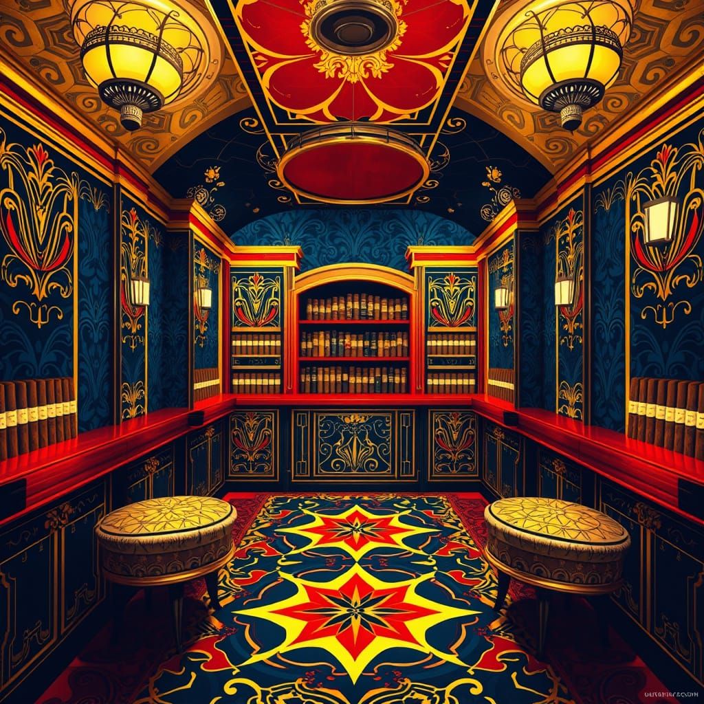 Luxurious Art Deco Cigar Lounge with Vibrant Geometric Patte...