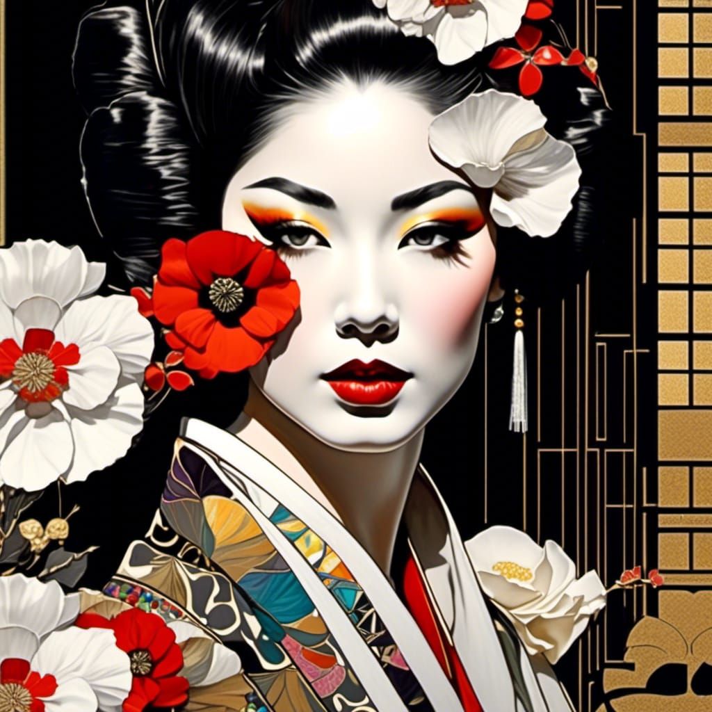 Geisha Girl with Poppies in Psychedelic Collage Style